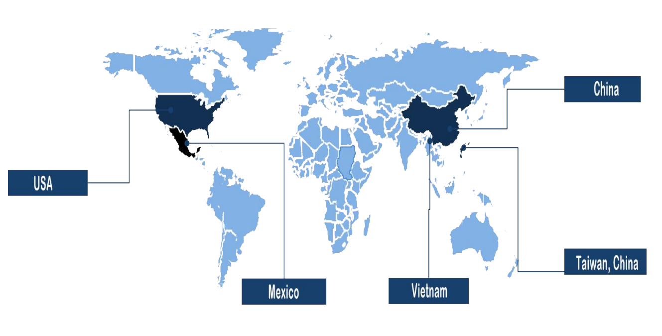 Bản đồ dịch vụ tại Trung Quốc, Đài Loan, Việt Nam, Mexico và Hoa Kỳ